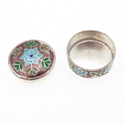 925 Sterling Silver Vintage Enamel Floral Snuff / Pill Box