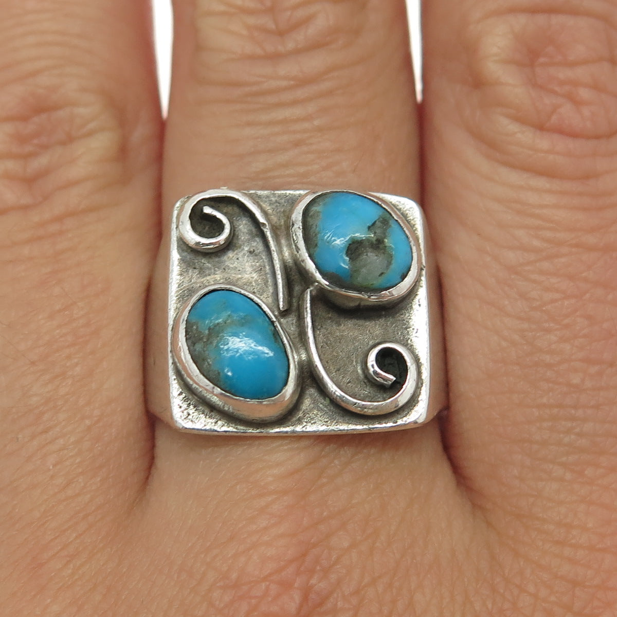 Old Pawn 925 Sterling Silver Vintage Bisbee Turquoise Swirl Ring Size 11.75