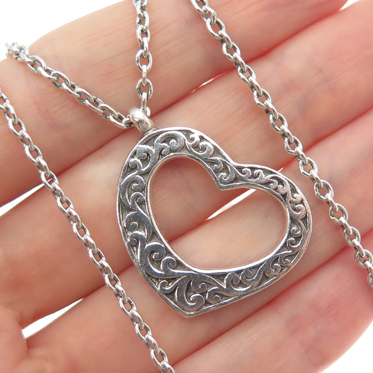 LOIS HILL 925 Sterling Silver Vintage Heart Scroll Cable Chain Necklace 17-18"