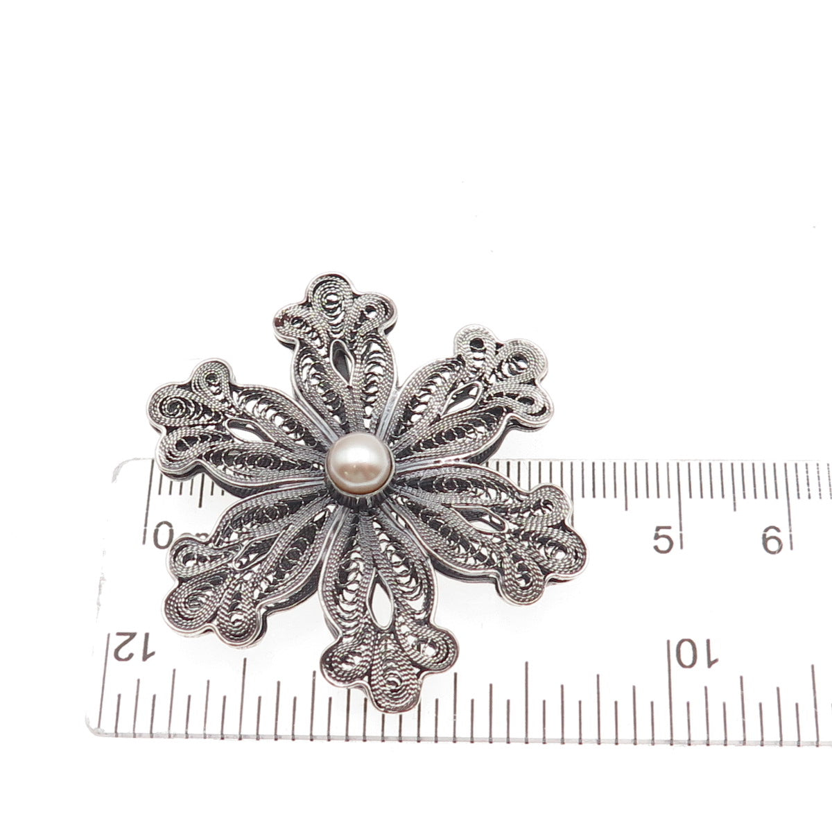 925 Sterling Silver Vintage Real Pearl Floral Filigree Oxidized Pin Brooch