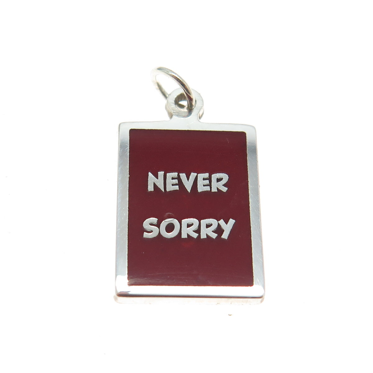 925 Sterling Silver Red Enamel "Never Sorry" Minimalist Charm Pendant