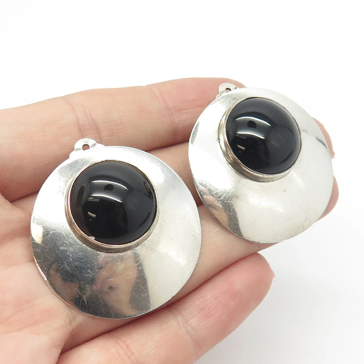 925 Sterling Silver Vintage Real Black Onyx Gem Disc Clip On Earrings