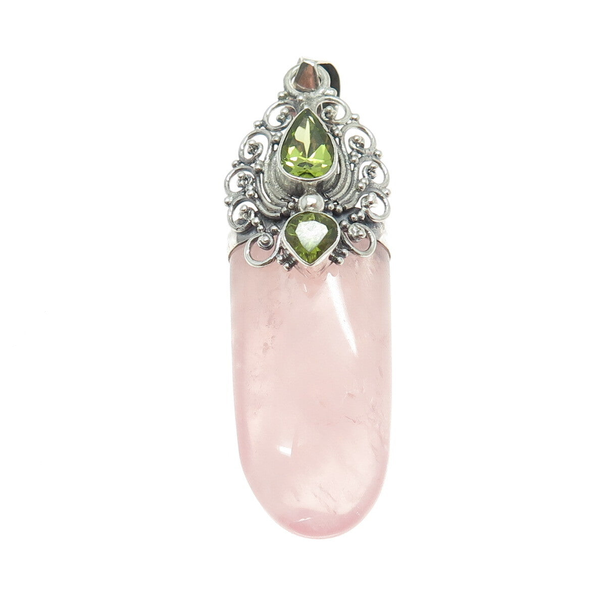 925 Sterling Silver Vintage Real Rose Quartz & Peridot Gemstone Amulet Pendant