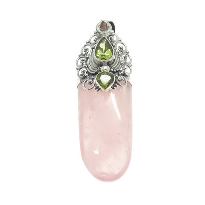 925 Sterling Silver Vintage Real Rose Quartz & Peridot Gemstone Amulet Pendant