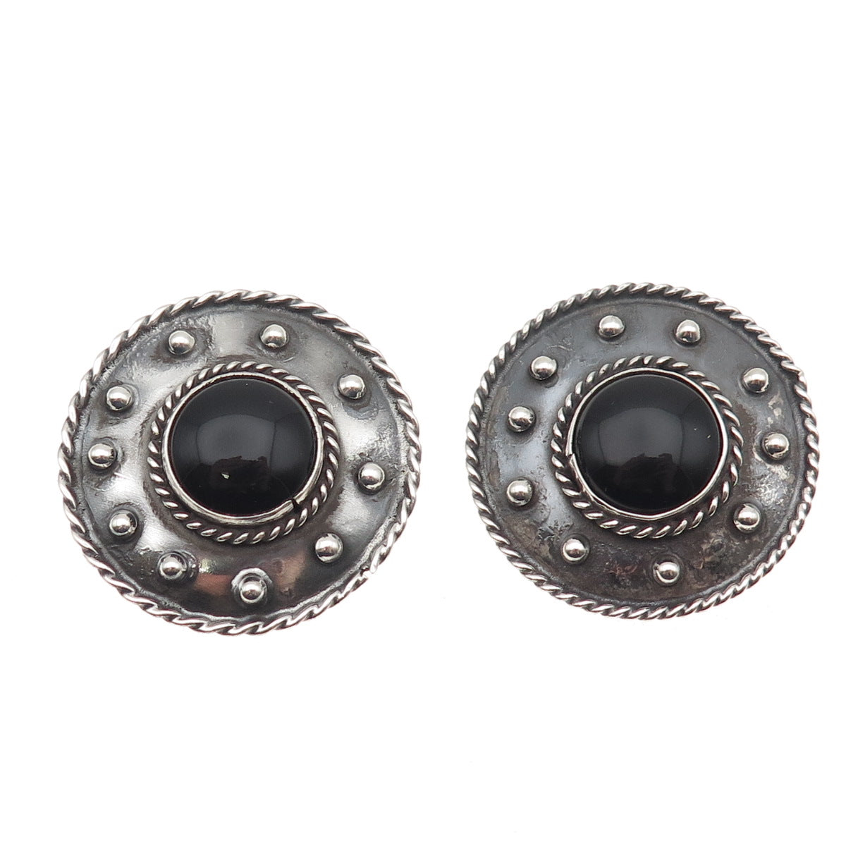 925 Sterling Silver Vintage Mexico Real Black Onyx Oxidized Clip On Earrings