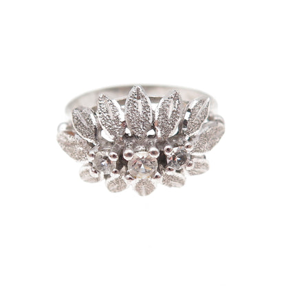 Uncas 925 Sterling Silver Antique Art Deco Rhinestone Floral Ring Size 5.75