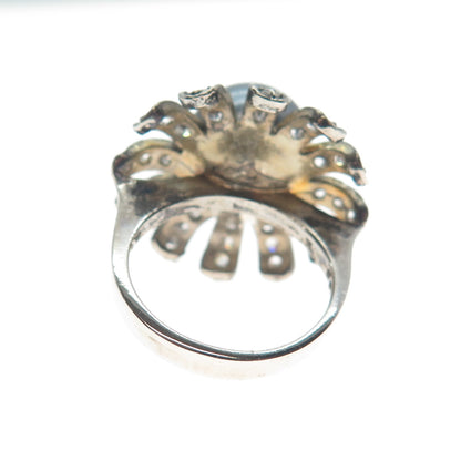 DBJ DEE BERKLE 925 Sterling Silver Vintage Faux Pearl & C Z Flower Ring Size 5.5