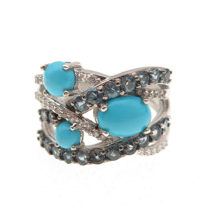 925 Sterling Silver Real Turquoise London Blue & White Topaz Ring Size 8.25