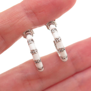 925 Sterling Silver Enamel & C Z Bamboo Hoop Earrings