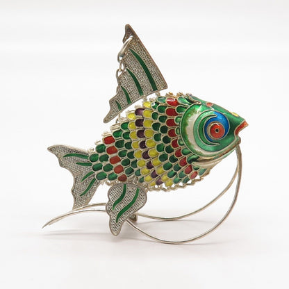 925 Sterling Silver Antique Enamel Chinese Koi Fish Articulated Chatelaine Fob