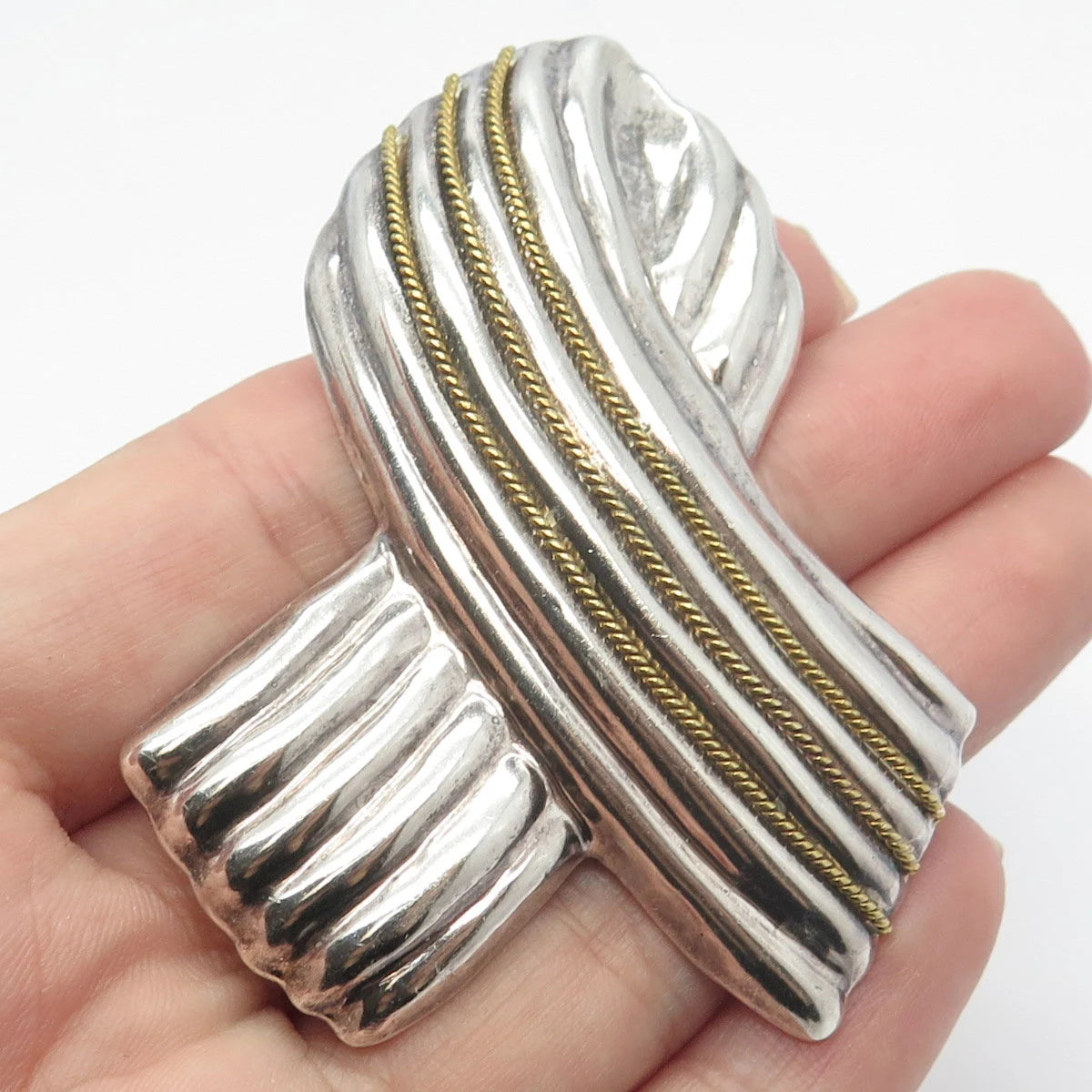925 Sterling Silver 2-Tone Vintage Mexico Laton Ribbon Pin Brooch / Pendant
