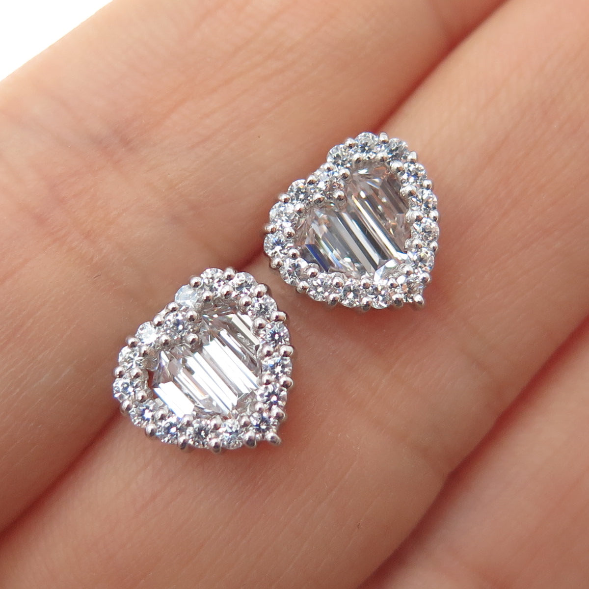 925 Sterling Silver Emerald & Round-Cut C Z Heart Stud Earrings