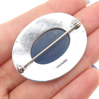 925 Sterling Silver Vintage Real Sodalite Floral Leaf Oxidized Pin Brooch