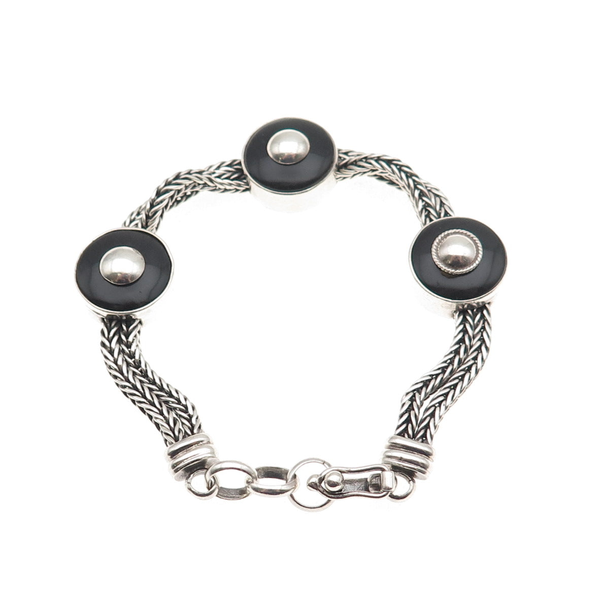 925 Sterling Silver Vintage Real Black Onyx Spiga Link Station Bracelet 6.75"