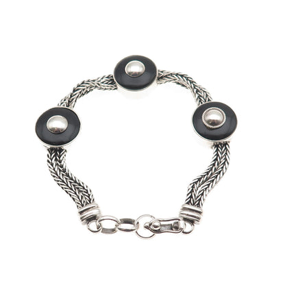 925 Sterling Silver Vintage Real Black Onyx Spiga Link Station Bracelet 6.75"