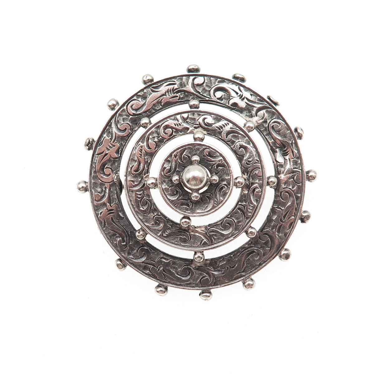 925 Sterling Silver Antique Victorian Engraved Floral Wheel Oxidized Pin Brooch