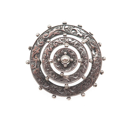 925 Sterling Silver Antique Victorian Engraved Floral Wheel Oxidized Pin Brooch