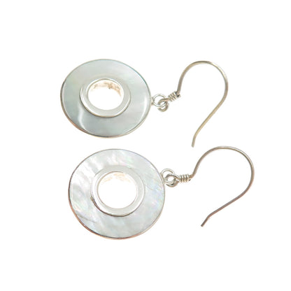 925 Sterling Silver Vintage Real Mother-of-Pearl Disc Dangle Earrings
