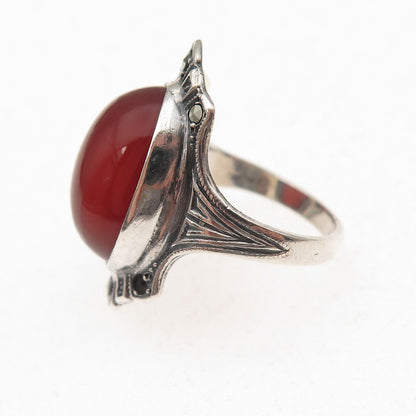 925 Sterling Silver Antique Art Deco Real Carnelian & Marcasite Ring Size 4.5