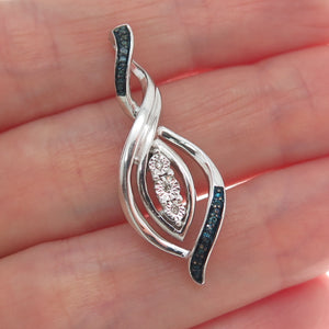 925 Sterling Silver Real Round-Cut White & Blue Diamond Twisted Pendant