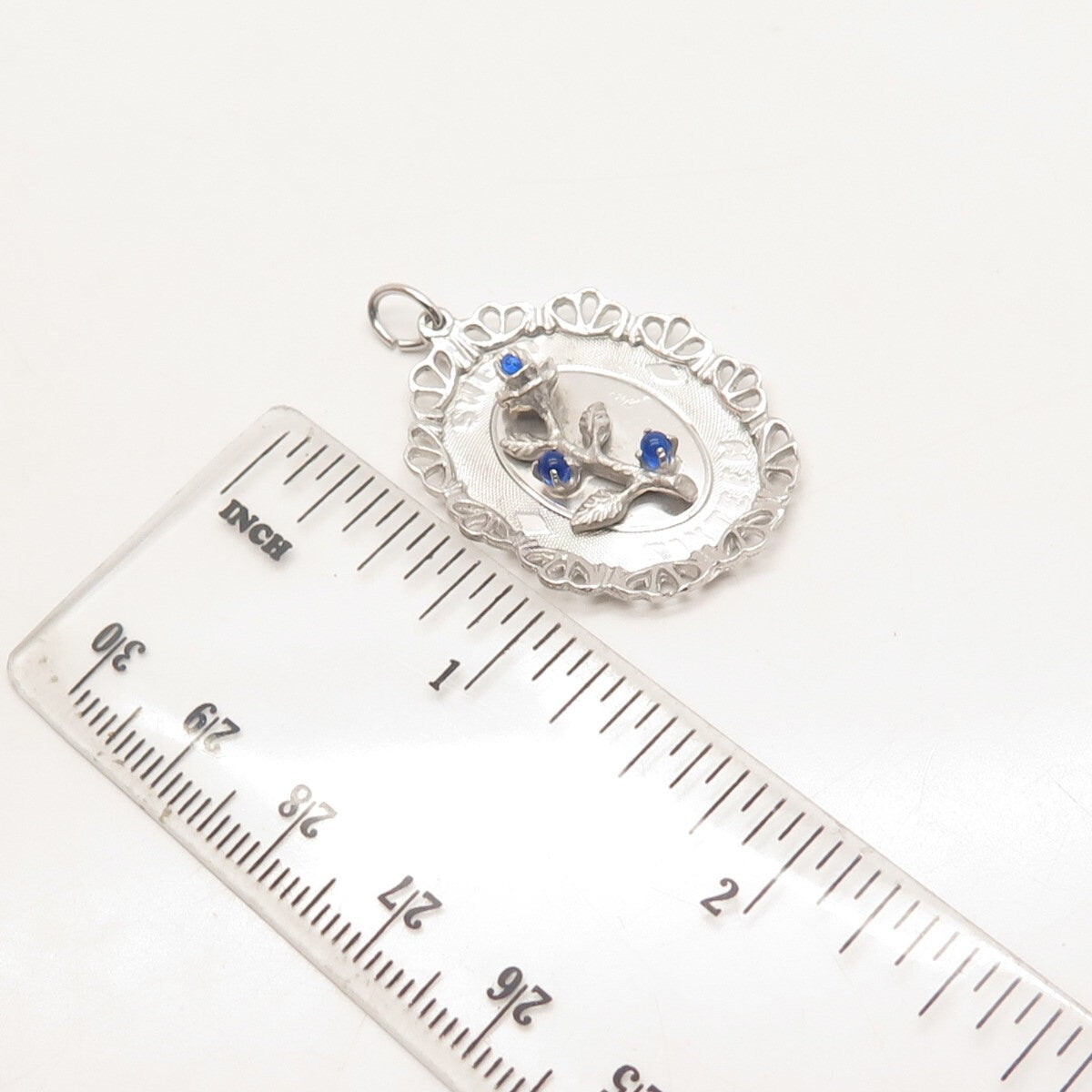925 Sterling Silver Vintage M & M Blue Glass Floral Pendant