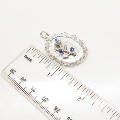 925 Sterling Silver Vintage M & M Blue Glass Floral Pendant