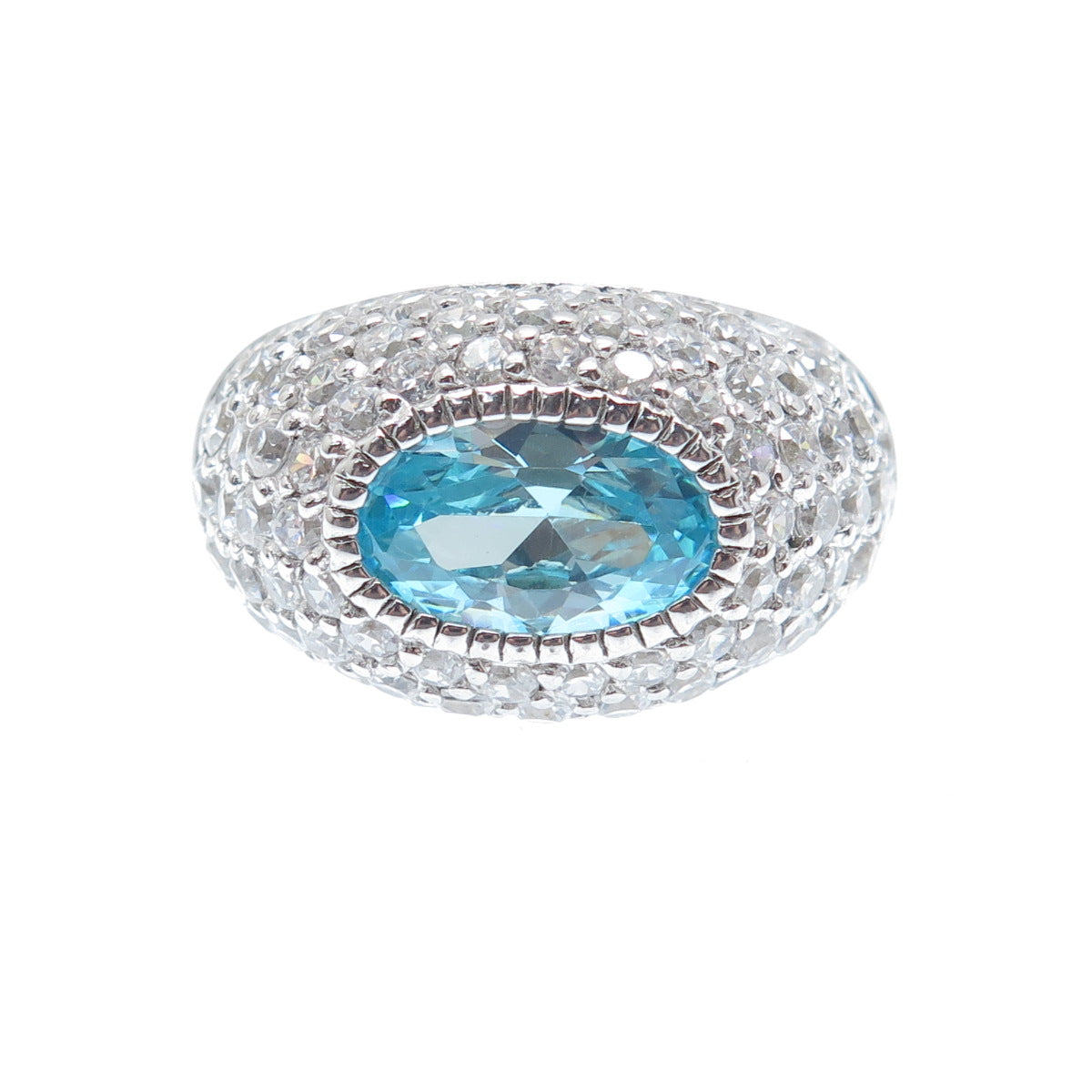 925 Sterling Silver ADI Blue Oval-Cut & White Round-Cut C Z Domed Ring Size 7.25