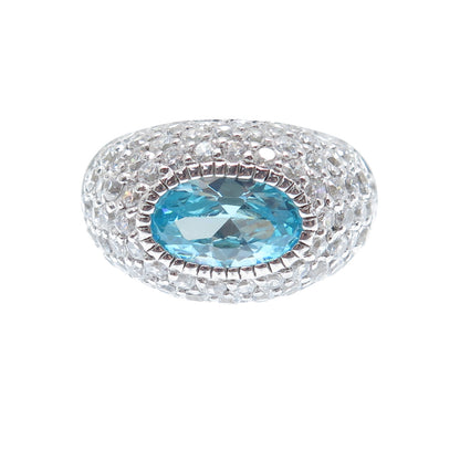 925 Sterling Silver ADI Blue Oval-Cut & White Round-Cut C Z Domed Ring Size 7.25