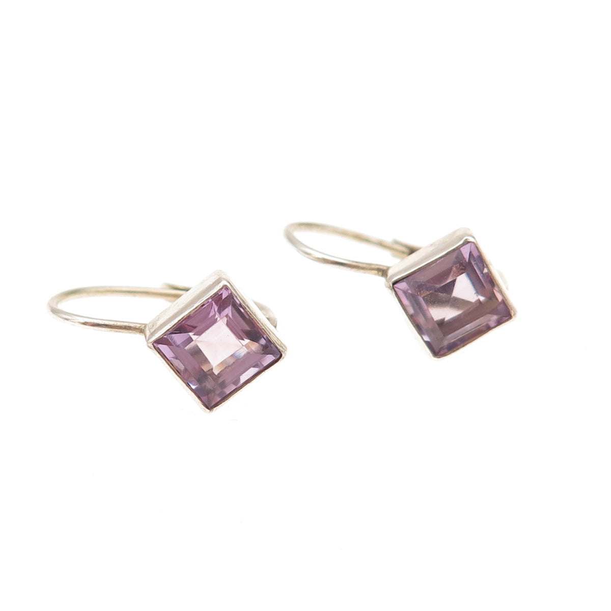 925 Sterling Silver Vintage Real Princess-Cut Amethyst Earrings