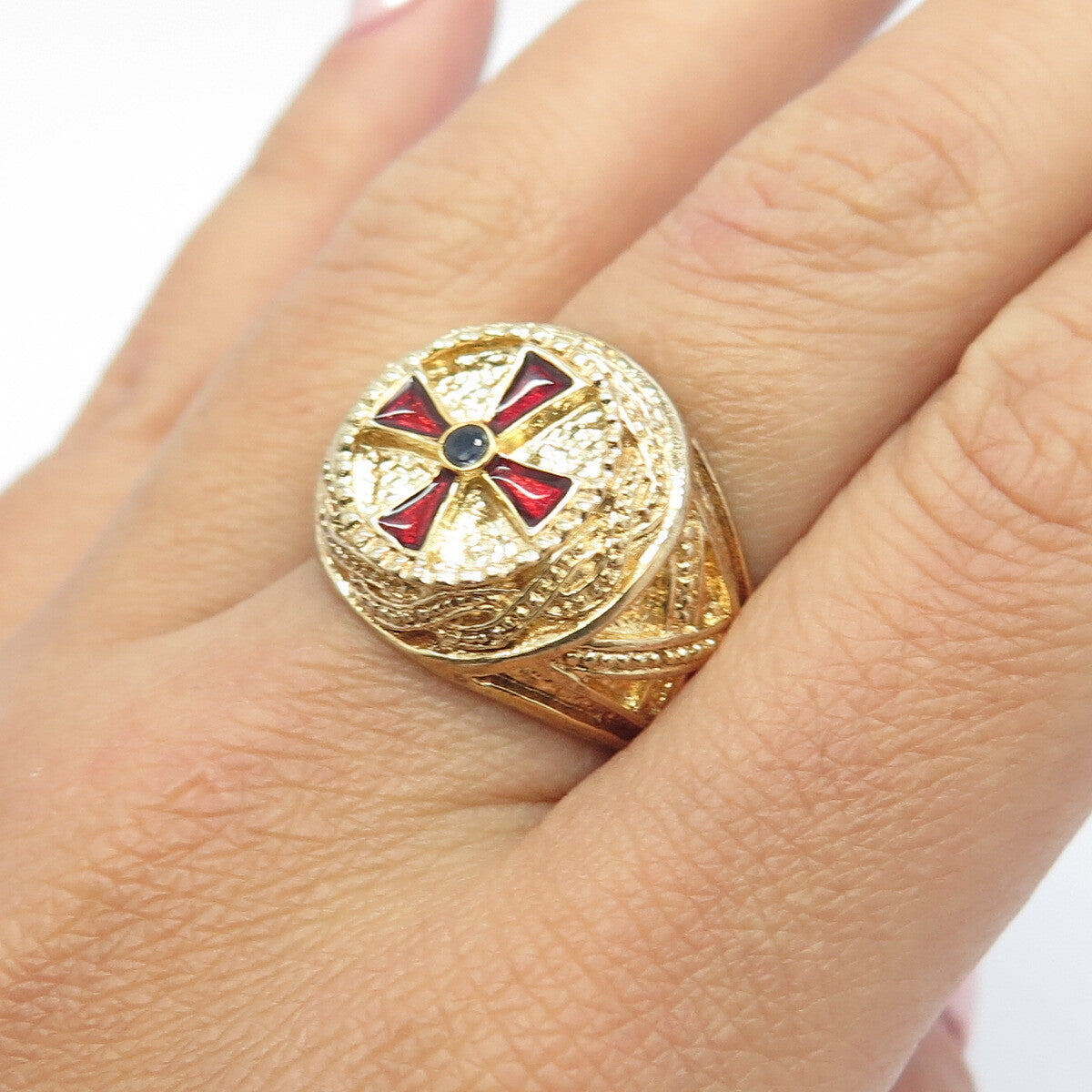 925 Sterling Silver Gold Plated Vintage USA Sapphire Gem & Enamel Ring Size 8