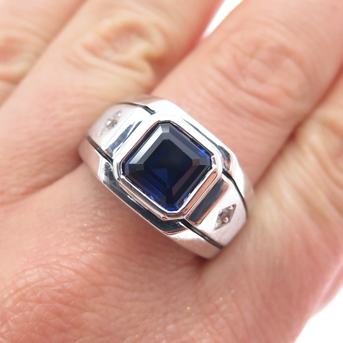 925 Sterling Silver Lab-Created Sapphire & Real White Topaz Ring Size 11.25