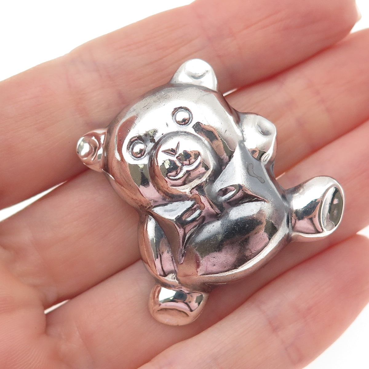 925 Sterling Silver Vintage Teddy Bear Puffy Oxidized Pin Brooch