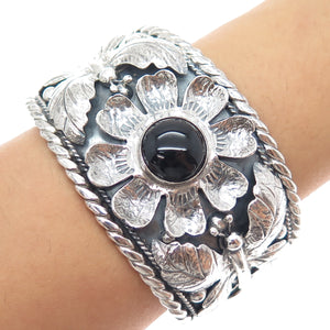925 Sterling Silver Vintage PTP Mexico Black Onyx Heavy 85.5g Flower Bracelet 7"