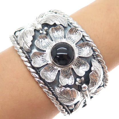 925 Sterling Silver Vintage PTP Mexico Black Onyx Heavy 85.5g Flower Bracelet 7"