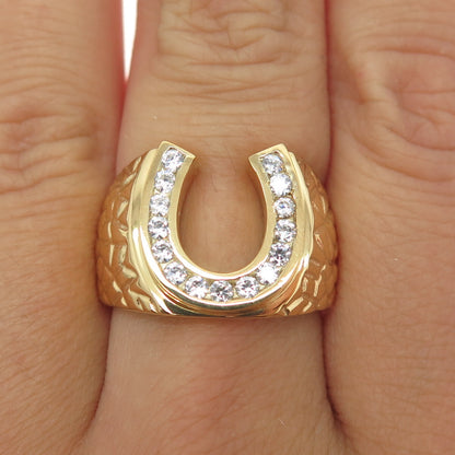 925 Sterling Silver Gold Plated Round-Cut Shaped C Z Horseshoe Ring Size 8.25