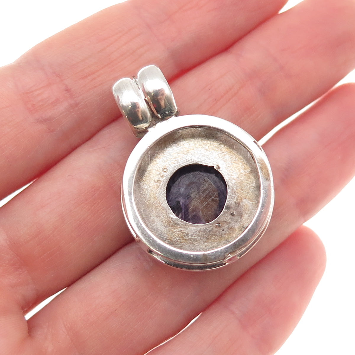 925 Sterling Silver Vintage Real Charoite Modernist Oxidized Charm Pendant