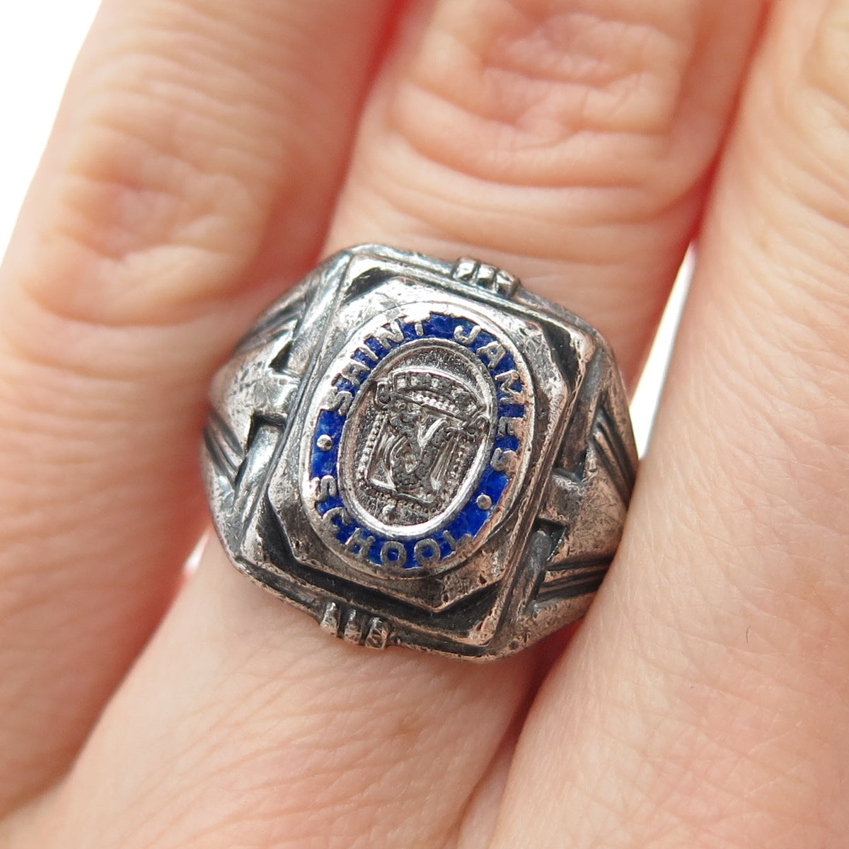 SK & F 925 Sterling Silver Antique Enamel St. James School Oxidized Ring Size 4
