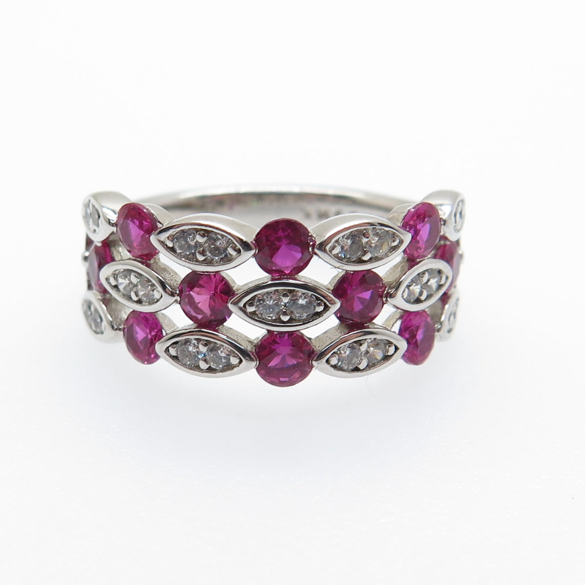 DSMK 925 Sterling Silver Lab-Created Pink Sapphire & C Z Cluster Ring Size 7.25