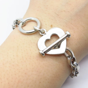 925 Sterling Silver Vintage Heart Oval Link Bracelet 6.75"