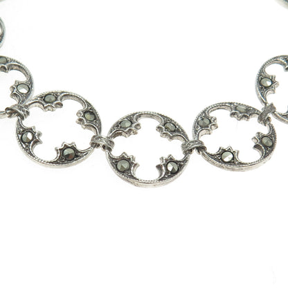 925 Sterling Silver Antique Art Deco Real Marcasite Round Link Bracelet 7.5"