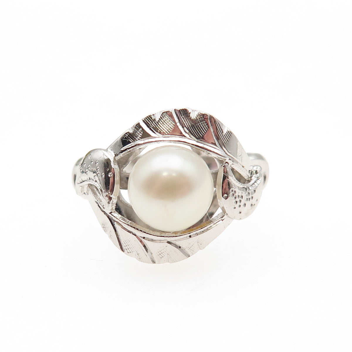 925 Sterling Silver Antique Art Deco Real Pearl Textured Ring Size 4