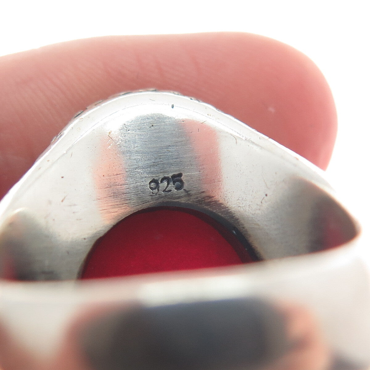 925 Sterling Silver Vintage Real Rhodonite Roped Oxidized Ring Size 8.75