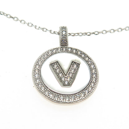 925 Sterling Silver Pave C Z Letter "V" Initial Cable Chain Necklace 18"