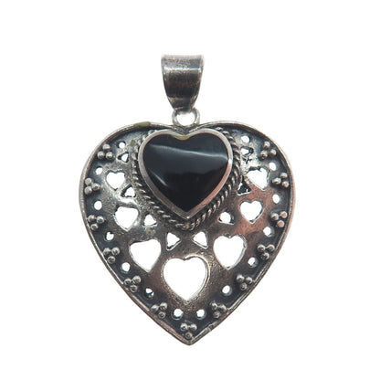 BOMA 925 Sterling Silver Vintage Black Onyx Gem Heart Cutout Oxidized Pendant