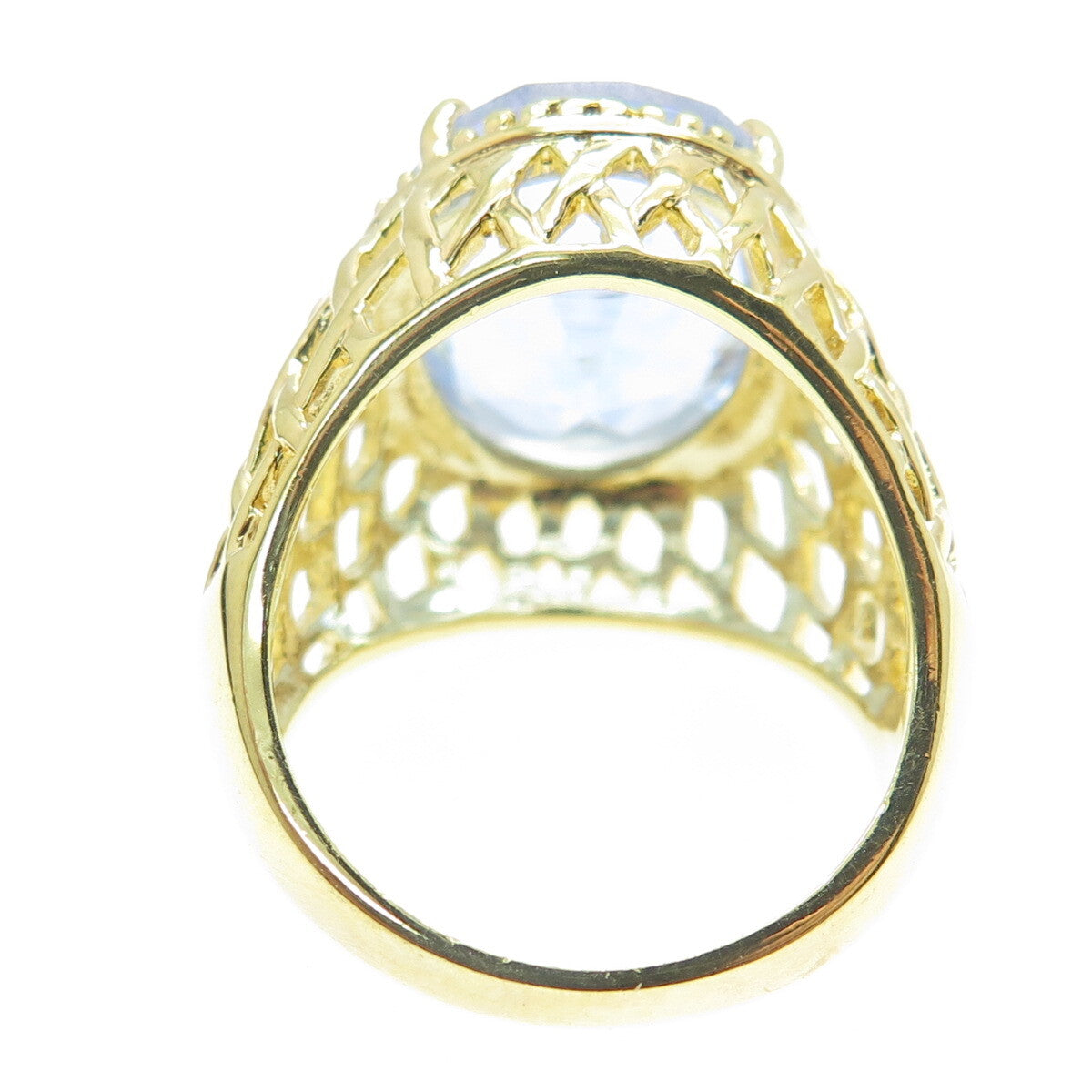 925 Sterling Silver Gold Plated Checkered Blue Crystal Cage Domed Ring Size 8.25