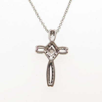925 Sterling Silver Real Round-Cut Diamond Cross Cable Chain Necklace 18"