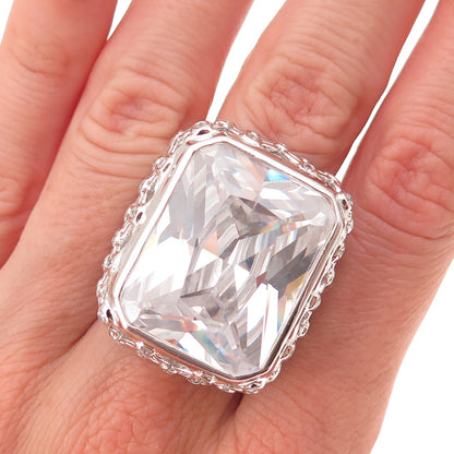925 Sterling Silver Radiant & Round-Cut C Z Statement Ring Size 7