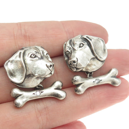 925 Sterling Silver Vintage Real Round-Cut Diamond Jack Russell Dog Cufflinks