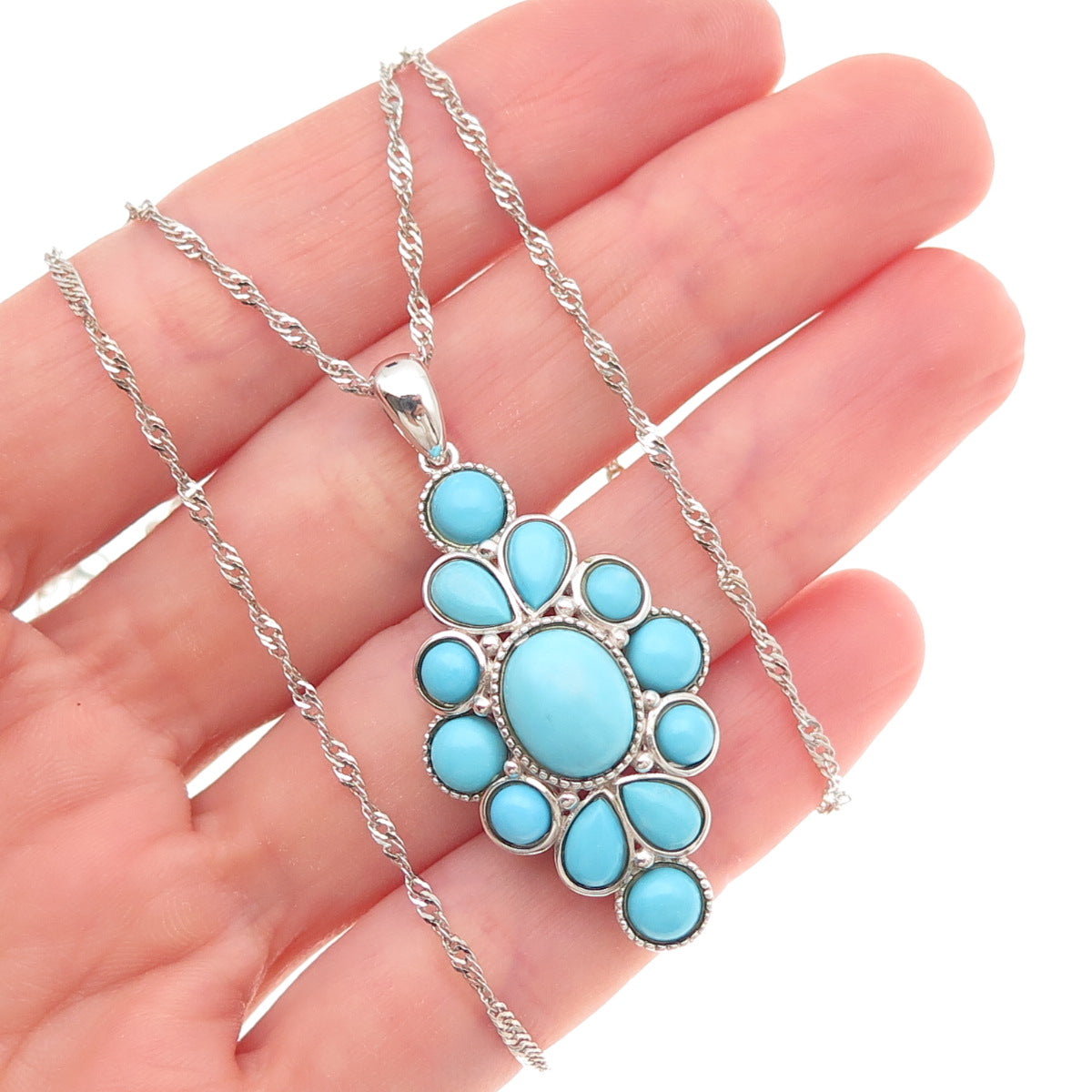 925 Sterling Silver Real Tyrone Turquoise Floral Singapore Chain Necklace 18-20"