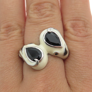 EMA 925 Sterling Silver Enamel & Black Spinel Modernist Bypass Ring Size 8